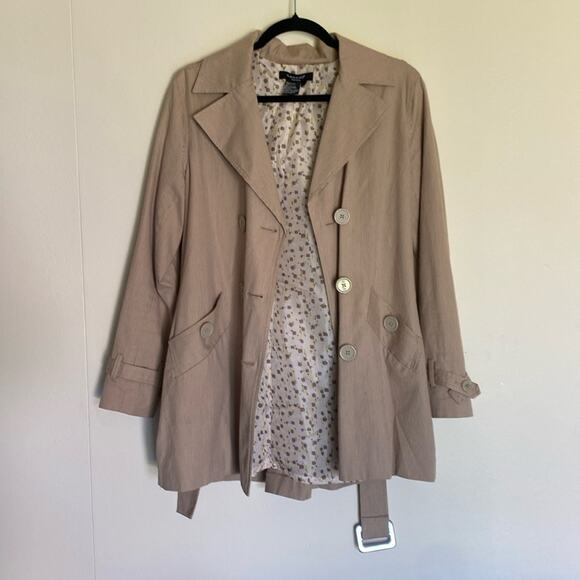 Sandro Tan Trench Coat Jacket Belted Double Breasted Striped Short - Picture 9 of 15